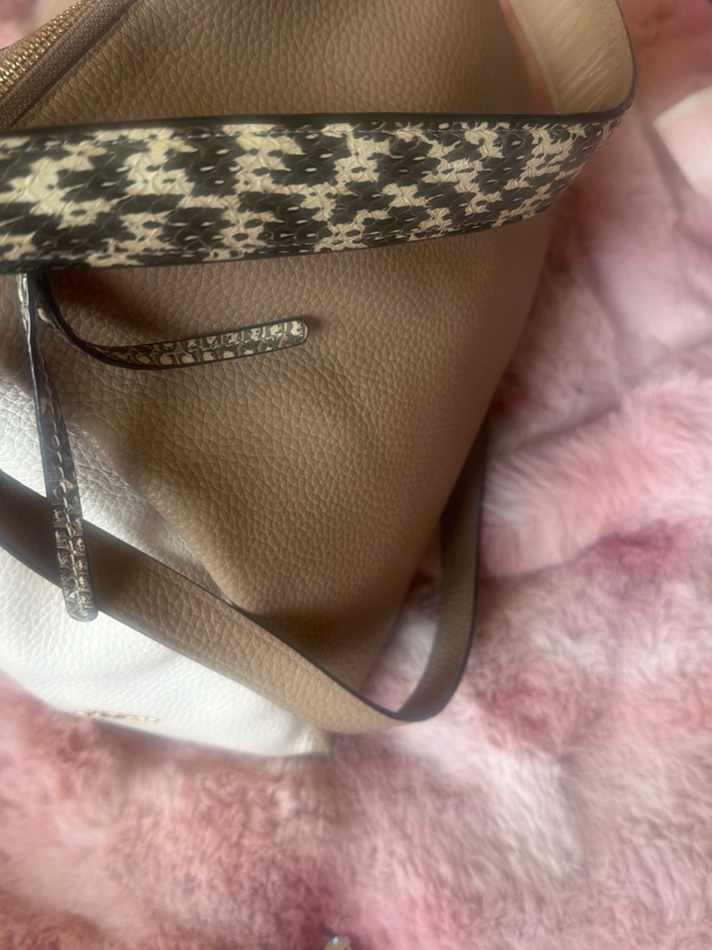 Coach Two-Tone Tan and White Leather Tote with Patterned Strap